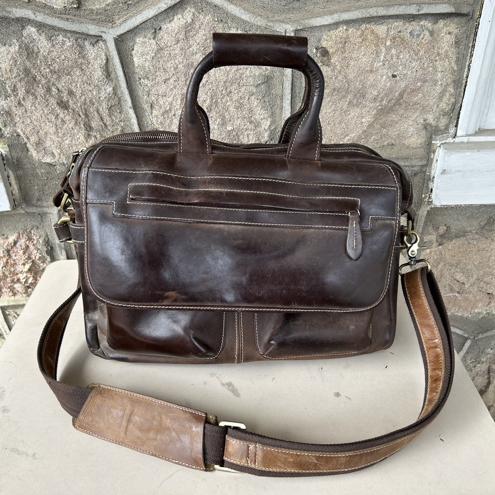 S-ZONE Vintage Brown Leather Messenger Bag Briefcase Distres