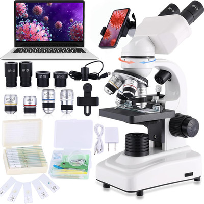 Compound Microscope，40X-2500X ，Wf10X and Wf25X Eyepieces, Dual LED Lighting and 