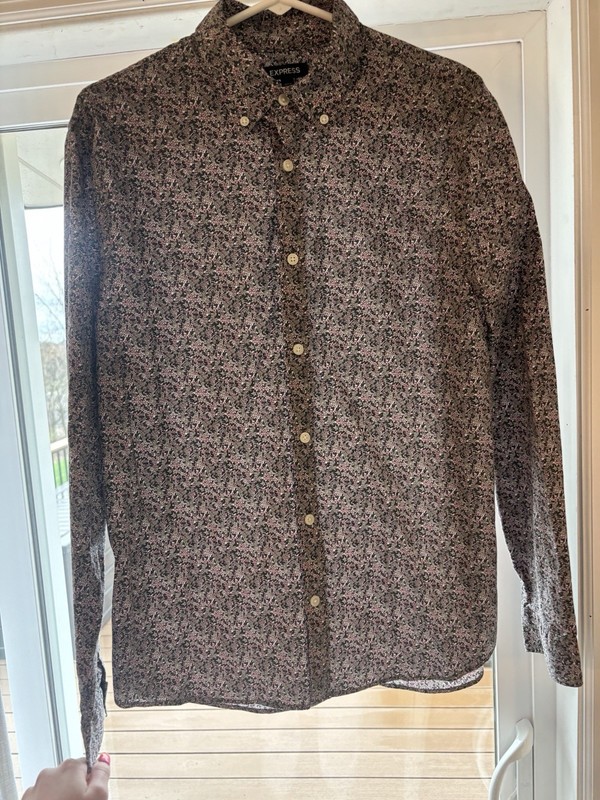 Express Men's Floral Black Pink White Button-Down Collar Long Sleeve Shirt Size…