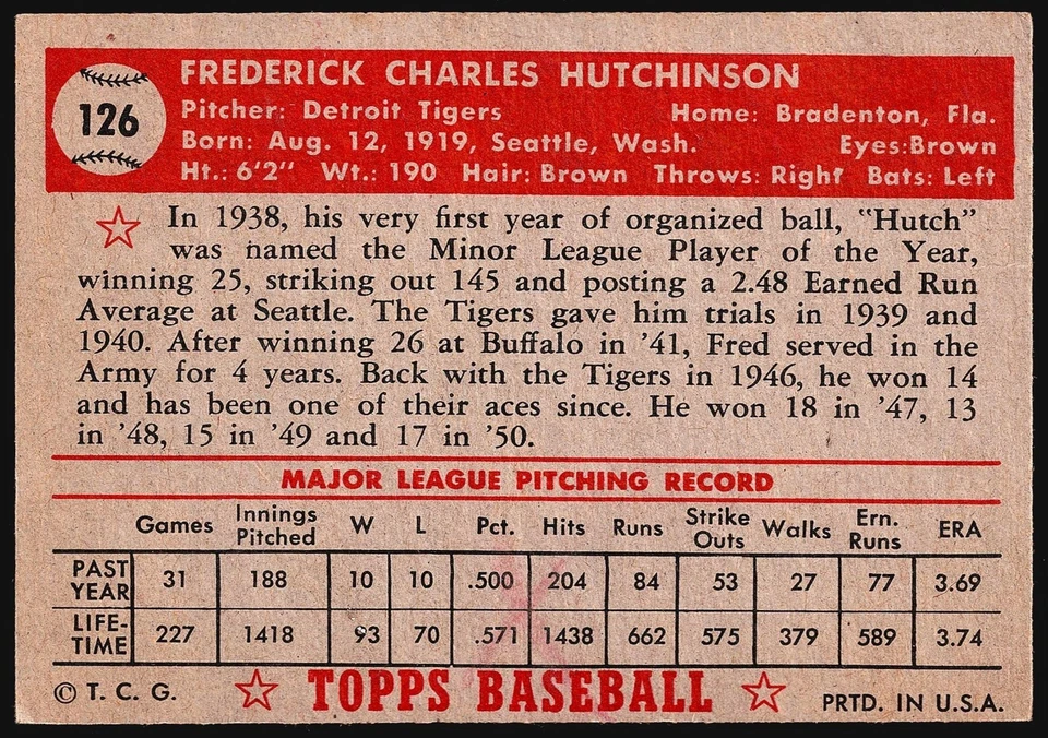 1952 Topps #126 Fred Hutchinson, ex - Tigres de Detroit - 5 Foto 2 de 2