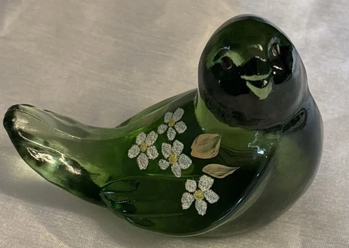 Fenton Glass Green Song Bird Hand-painted And Signed M. Caplinger