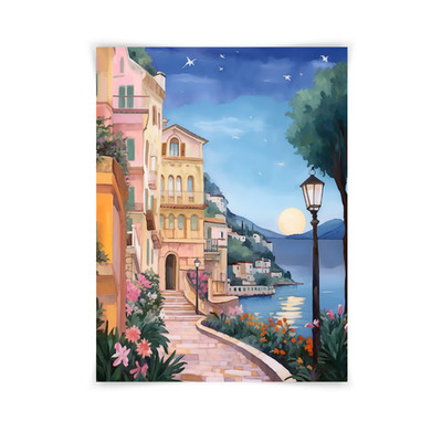 Monaco Watercolor Print, French Riviera Coastal Village Night Art