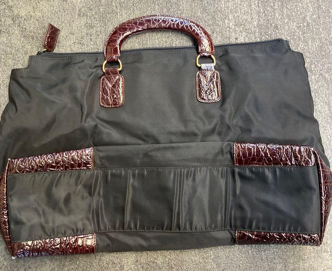 PRADA Tessuto Nylon Croc Embossed Leather Handle Tote Bag Black Vintage Used thumbnail 2
