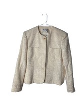 Jones New York Women's Vintage Tweed Wool Blend Button Blazer Jacket Ivory Cream