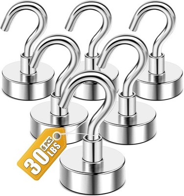 Durable Rust Resistant Magnetic Hooks 6 Pack - 30lbs, Ideal for Kitchen & Garage