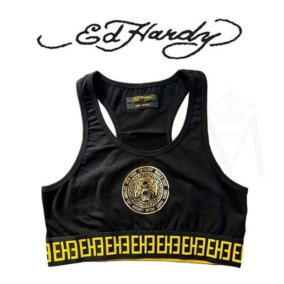Ed Hardy Women's Big Tour Racer Crop Top   Gold Foil Tiger Logo, Jacquard Waist