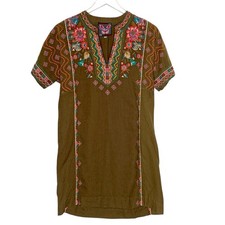 Johnny Was S Womens Linen Embroidered Brown Popover Dress Floral Boho