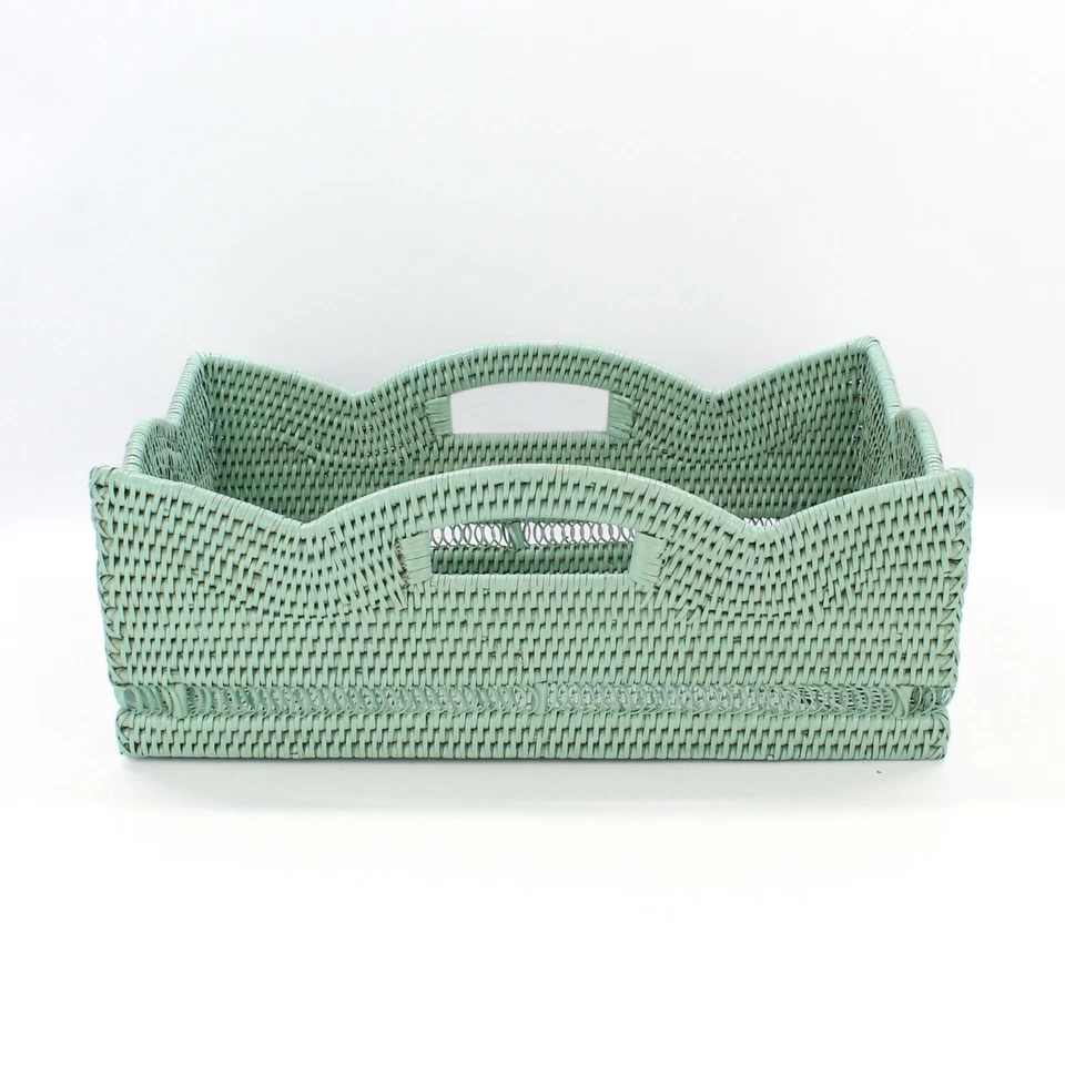 Tight Woven Scalloped Rattan Coffee Table Tray with Handles, Luxury Home Decor - Image 3 of 4