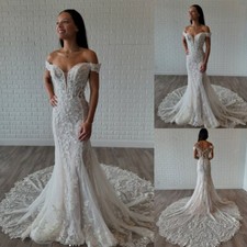 Boho Off the Shoulder Wedding Dresses with Court Train Mermaid Bridal Gowns