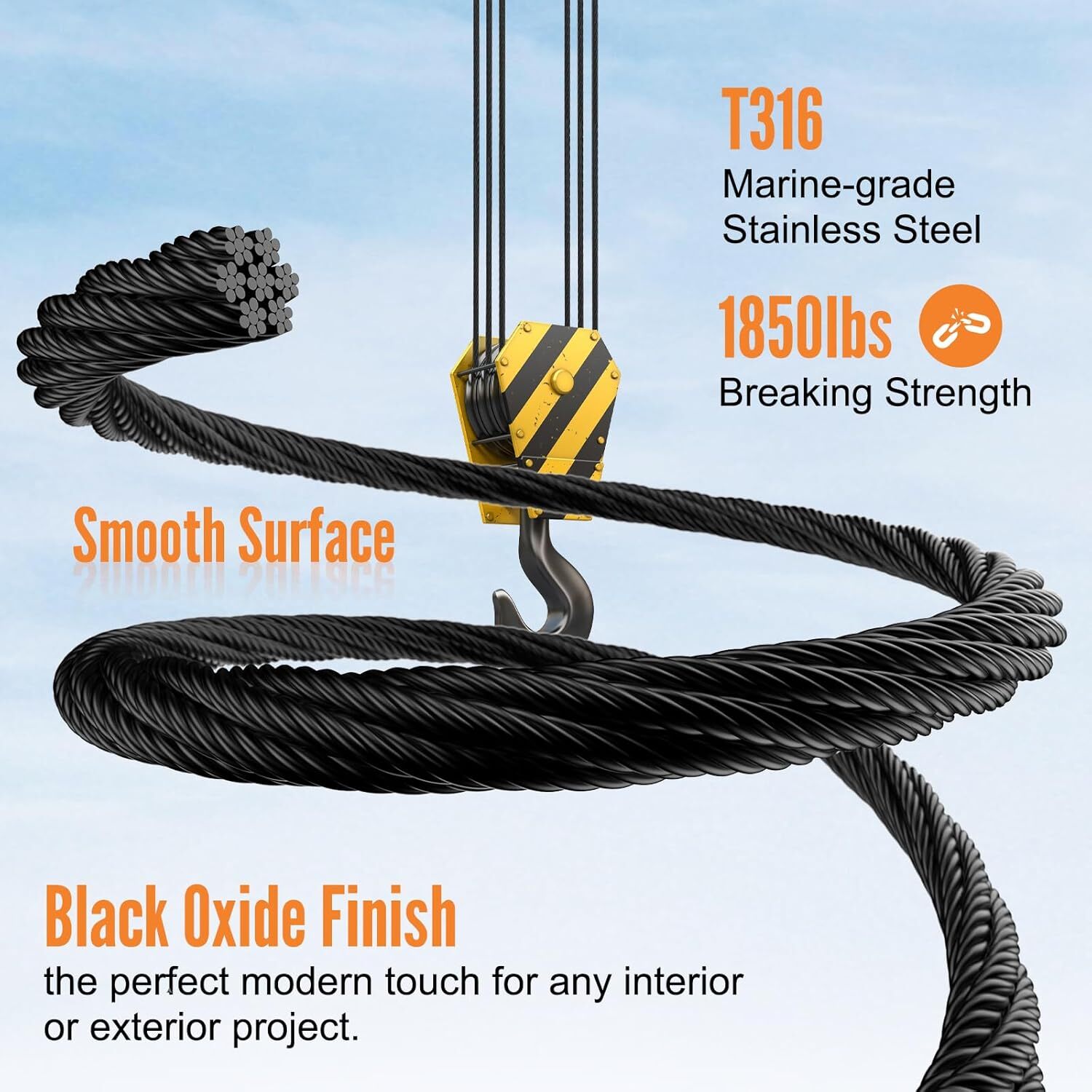 1000FT 1/8" Black Deck Railing Cable T316 Stainless Steel Cable with 7x7 Strands