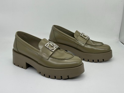 CHANEL 23B Calfskin Leather CC Logo Platform Loafers Flat Shoes Khaki $1575