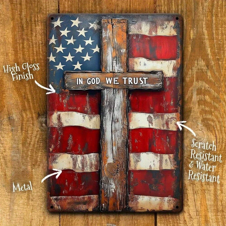 TIN SIGN American Flag with Cross Patriotic Sign Rustic Distressed Metal Decor - Image 4 of 4