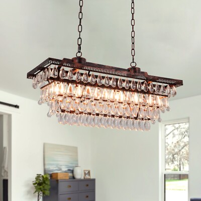 31.5'' Antique Bronze Rectangle Crystal Chandelier 6-Lights Modern Pendant Lamps