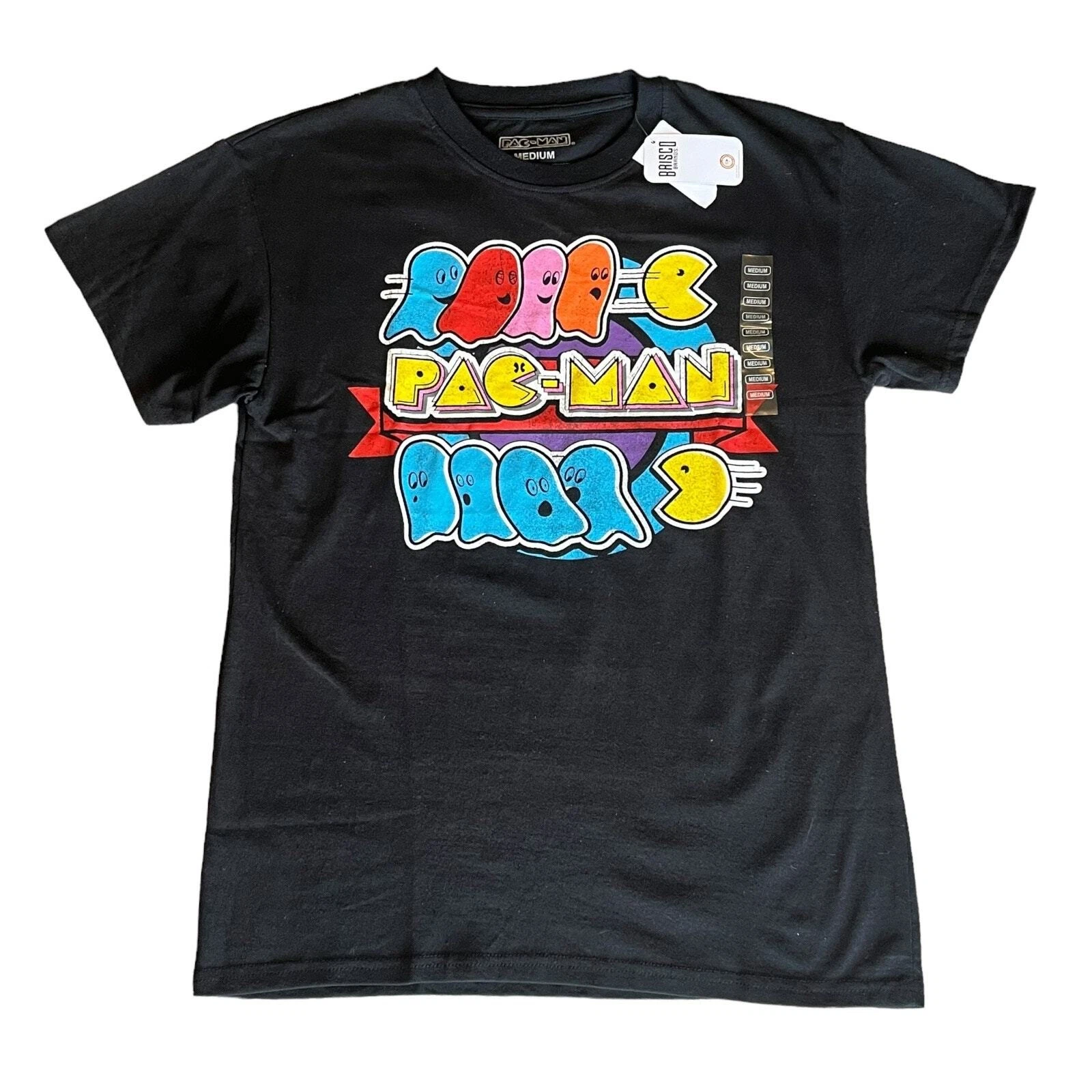 Pac Man Graphic T SHIRT Medium TEE 100% Cotton Black Multi Brisco Top
