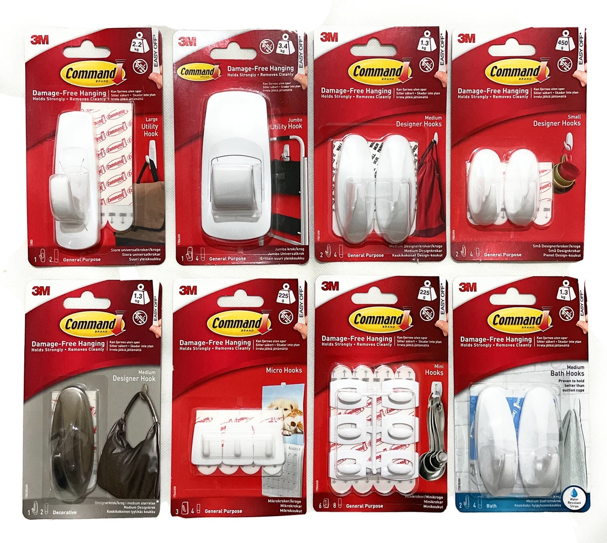 3M COMMAND Designer Hooks Large Medium Small With Strips Damage Free Hanging