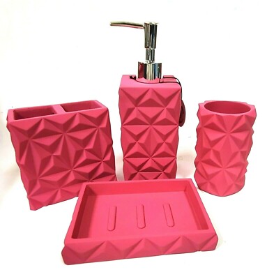 4 PCS NOW HOUSE JONATHAN ADLER DIAMOND SHAPE FUCHSIA PINK RESIN DISPENSER,DISH+2