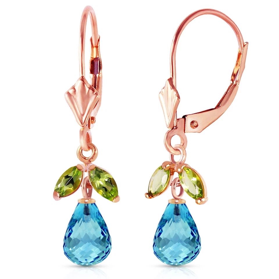 14K. GOLD LEVERBACK EARRING WITH BLUE TOPAZ & PERIDOTS - Image 3 of 4