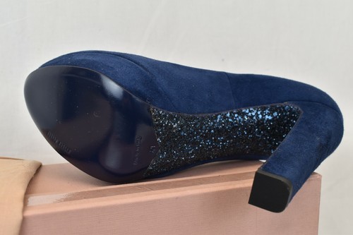NIB MIU MIU NAVY SUEDE GLITTER SOLE HIGH HEEL 5IP266 PLATFORM PUMPS 41 ITALY - Picture 6 of 12