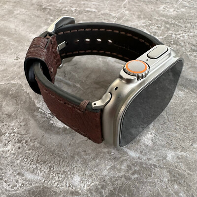 Premium Thick Brown Lychee Leather Watch Strap For Apple Watch Ultra 1 2 49mm