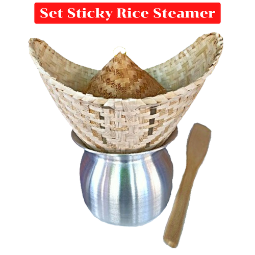 Set Sticky Rice Steamer Pot Aluminum Bamboo Basket Spatula Thai Kitchen ...
