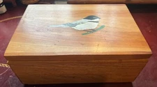 Large handcrafted solid oak hinged lid box with hand painted bird