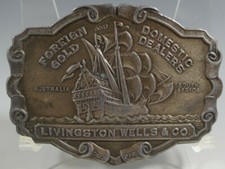 BELT BUCKLE LIVINGSTON WELLS  CO LEWIS GOLD SAILING SHIP VINTAGE VERY CLEAN