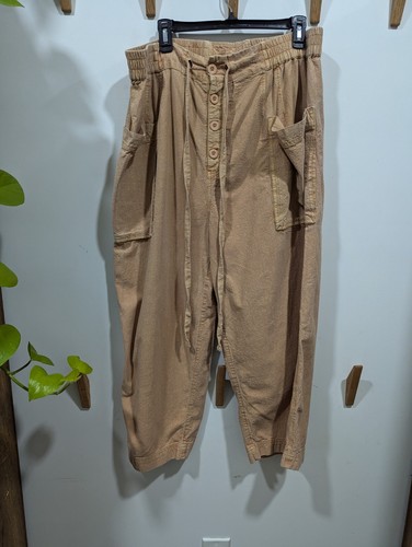 Free People Wide Leg Button Fly Pocket High Waist Crop Hose Gr. L Dark Khaki