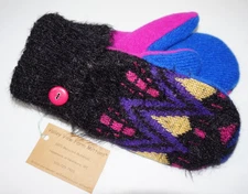 Valley View Farms Recycled Wool Sweater Mittens Fleece Lined Black Metallic Pink