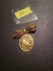 Gold Tone Filigree Medallion Brooch Bow Faux Pearl Vintage Costume Jewelry