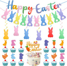 Happy Easter Decorations Set - Easter Banner, Bunny Egg Hanging Decor, and Happy