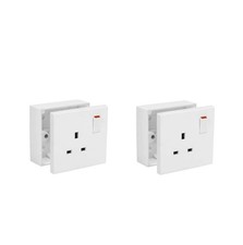 2 x Single Switched Socket 1 Gang 13Amps White Electrical, Inc 25mm Back Boxes
