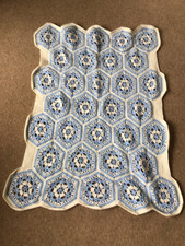 Handmade Cream Blue Crochet Baby Blanket. 40 x 32 . New