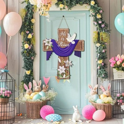 Easter Door Sign He Is Risen Hanging Decor Religious Cross Sign Easter Wreath...