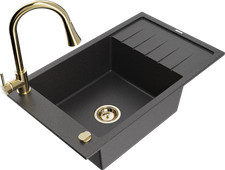 Mexen Elias Granitspüle mit Abtropffläche & Goldmischer, Schwarz