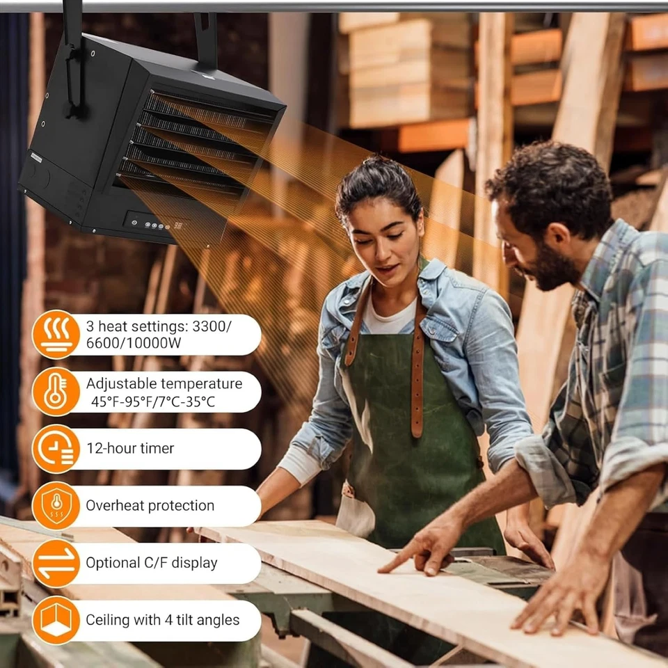 Calentador de garaje eléctrico industrial de 10000 vatios 240 V con cable montaje en techo Gara Foto 4 de 4
