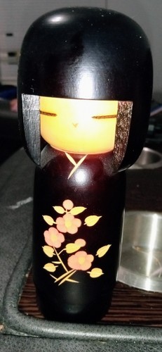 Japanese KOKESHI Wood Doll 4” Vintage SOSAKU Hand Painted Black Floral