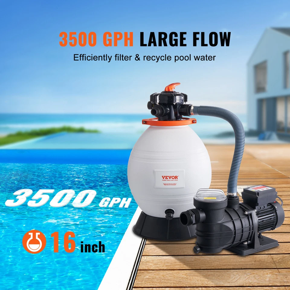 Sand Filter Above Ground with 1 HP Pool Pump 3500 GPH Flow 16" 6-Way Valve - Image 2 of 4