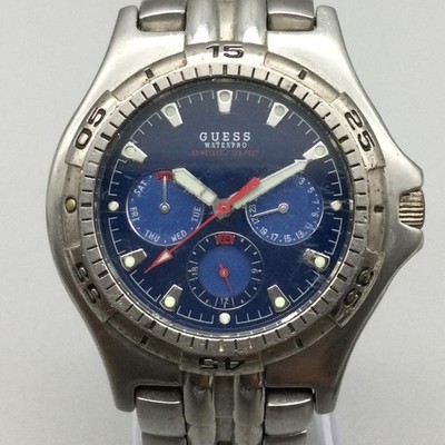 Guess Waterpro Mens Watch 40mm Blue Dial Stainless Day Date New Battery 7''