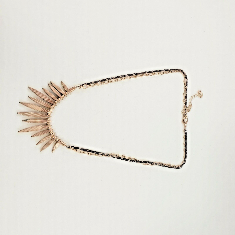 Necklace Bib Statement Double Chain Copper Brassy Tone Crystal Drops