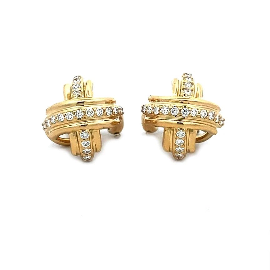 Tiffany & Co. Signature X Gold Earrings Diamond 18k Yellow Post Clip Style - Image 3 of 4