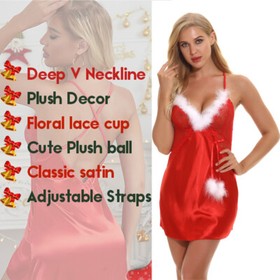 Valentine Lingerie for Women Sexy Santa Lace Babydoll Satin Chemise Sleepwear US