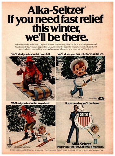 1980 Alka Seltzer Print Ad Sammy Davis Sledding Skiing Olympics Snow Ice Skate