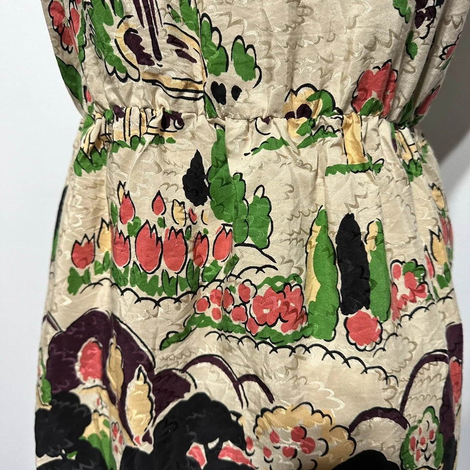 Vestido Anna Sui Mezcla Seda Estampado Árboles Tulipanes Naturaleza Escena Bosque Talla 6 Foto 3 de 4