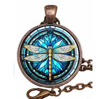 Teal Blue Dragonfly Necklace Faux Stained Glass Copper 24'' Lobster Claw Chain