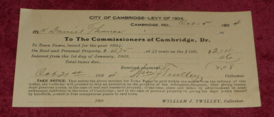 1904 Tax Collection Bill City of Cambridge Maryland Levy Town Commissioners
