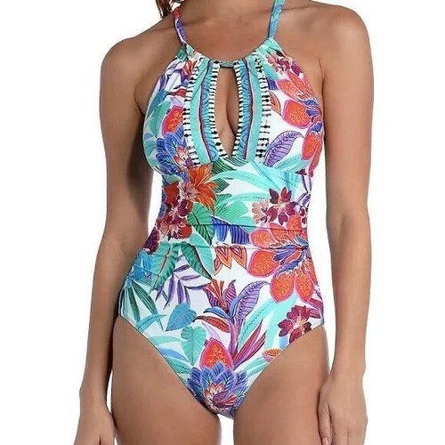 NWOT La Blanca Tropics of Tropez High Neck Key Hole One Piece Swimsuit 6 S