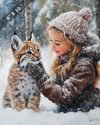 Girl Playing with Lynx Cub in Snowy Forest 8x10 Matte Print - Wildlife Art 