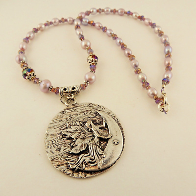 Silver Fairy Celestial Moon Beaded Necklace w/ Purple Crystal and