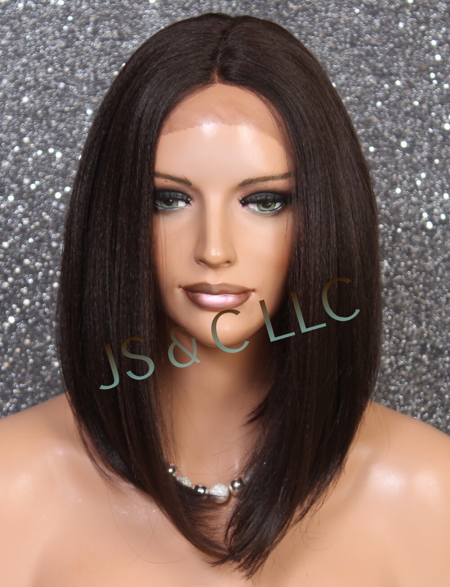 Human Hair Blend Full Lace Front Wig Straight Dark Brown  display picture 2