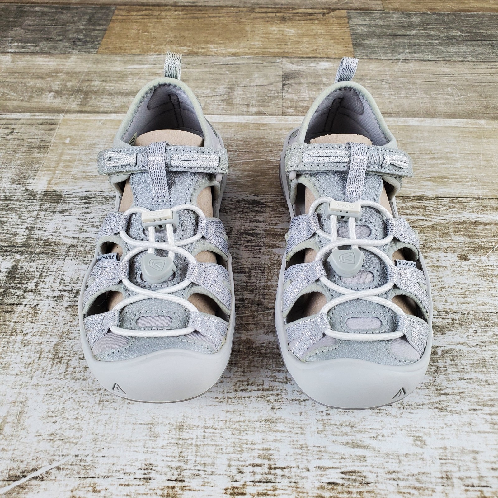 Keen Moxie Kid Sandals Sz 11 Gray Leather Round Toe Lace Lock Bungee Hook & Loop